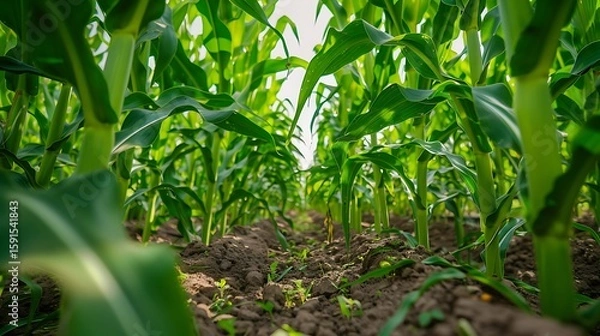 Obraz **A Close-Up Shot From Inside A Lush Green Maize Field, With Towering Corn Plants Reaching Towards The Sky. The Perspective Creates A Tunnel-Like Effect, Showing The Alignment Of Rows With Soil Paths 