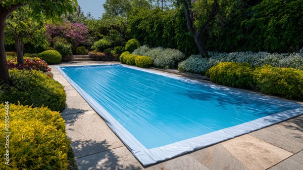 Fototapeta A pool cover serves as protection from debris and aids in temperature control, with ample copy space included