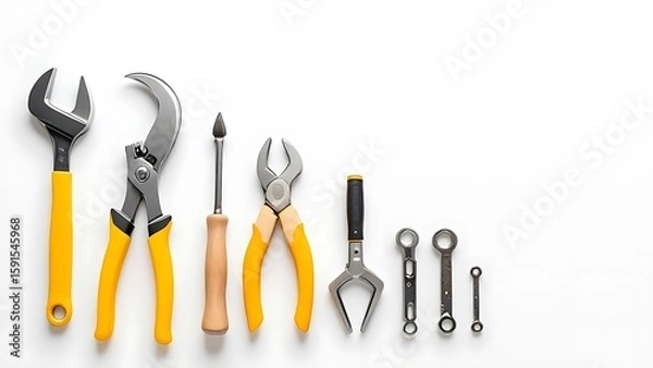 Fototapeta A collection of essential hand tools such as wrench, pliers, hammer, screwdriver, and clamp arranged on a white background. Ideal for repair, DIY, construction, or engineering themes