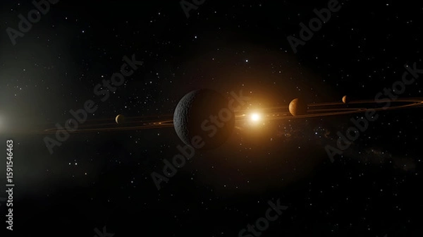 Fototapeta Celestial bodies orbiting a star in deep space.  Rings and other planets visible