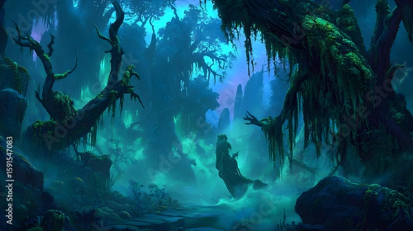 Fototapeta Lush, mystical forest shrouded in a deep teal glow.  Ancient, moss-covered trees and rocks dominate the scene, hinting at an otherworldly place
