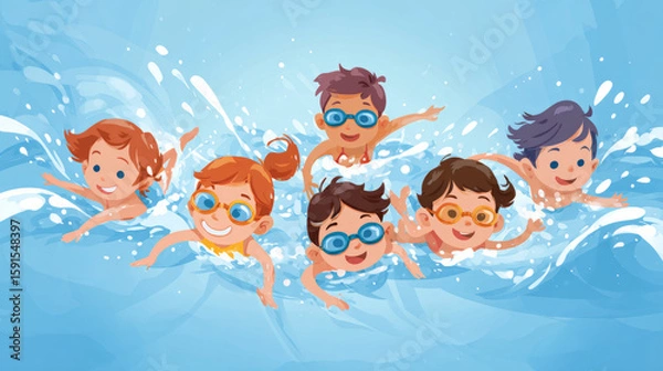 Fototapeta A themed vector image promoting childrenâ€™s swim instruction with visuals suited for posters and online materials