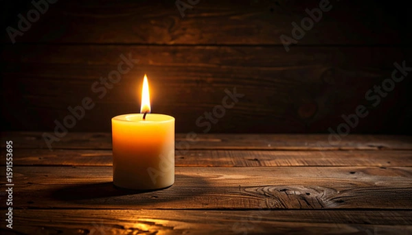 Obraz Nahaufnahme einer Kerze mit schmelzendem Wachs, zartes Flackern im völligen Dunkel, stimmungsvolle Fotografie, Bokeh-Effekt im Hintergrund, Fokus auf Flamme und Docht