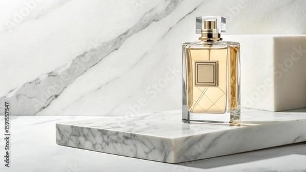 Fototapeta A rectangular glass perfume bottle with golden liquid sits on a marble platform against a marble background, showcasing elegance and luxury.