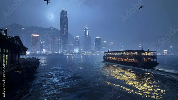 Fototapeta Misty night cityscape with ferry. Skyscrapers, hills, and a ferry glide along a river in a misty night scene. Lights from buildings and ferry illuminate the water