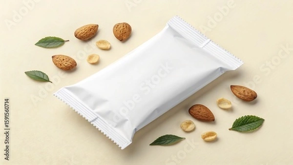 Fototapeta A white, blank snack bar wrapper surrounded by almonds, macadamia nuts, and green leaves on a beige background.