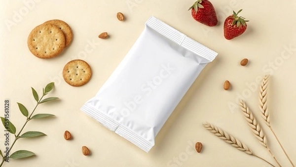 Fototapeta Top-down view of a white snack package surrounded by crackers, strawberries, almonds, wheat stalks, and a leafy branch on a light background.