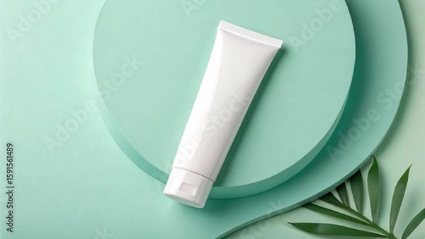 Fototapeta White tube of cosmetic cream or lotion product on a light green background with geometric shapes and a palm leaf.