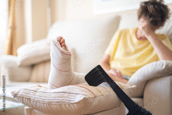 Fototapeta Patient is recovering at home with a broken leg in a cast, resting on a pillow with crutches nearby, highlighting the challenges of daily life with physical limitations
