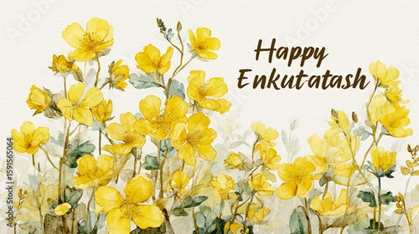 Obraz Watercolor illustration of yellow daisies and leaves with Happy Enkutatash text symbolizing Ethiopian New Year celebration