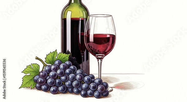Fototapeta Bottle and glass of wine with bunch of ripe grapes. Hand drawn clipart sketch for restaurant or bar menu