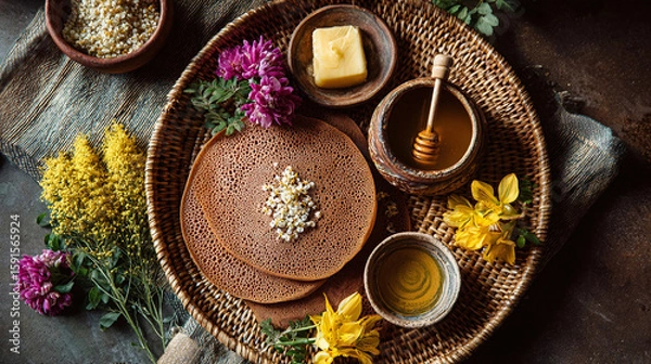Obraz Traditional Ethiopian breakfast tray with injera, honey, tea, butter, and colorful flowers celebrating Enkutatash Ethiopian New Year