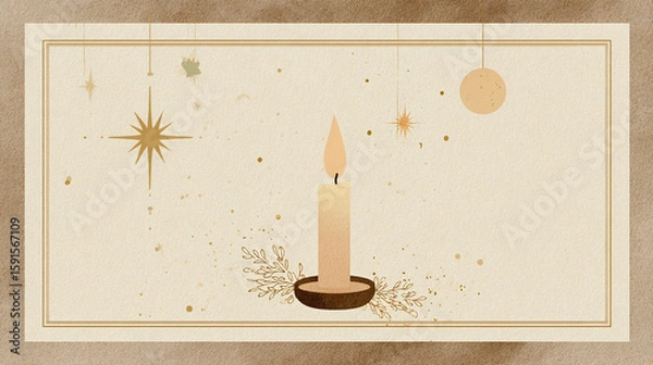 Obraz Minimalist illustration of a glowing candle with stars and ornaments in warm tones representing light, renewal, and Enkutatash celebration