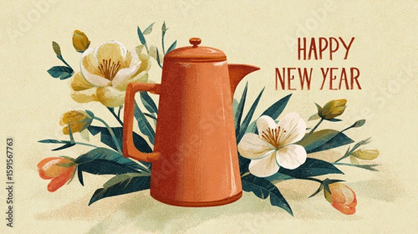 Obraz Illustration of a red coffee pot with blooming flowers and Happy New Year text symbolizing Enkutatash celebration and Ethiopian tradition