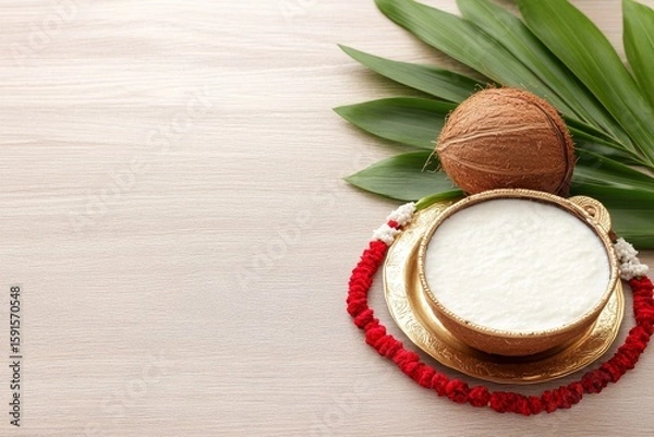 Fototapeta Traditional offering of fresh curd in a decorative bowl, surrounded by coconut and green leaves, symbolizing prosperity and celebration during festive occasions