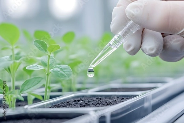 Fototapeta Hand in glove is using pipette to drop liquid onto young plants in greenhouse, showcasing soil analysis and sustainable fertilization techniques. soil analysis, sustainable development, fertilization,