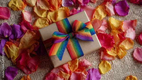 Obraz Gift box with colorful ribbon surrounded by vibrant flower petals representing Enkutatash Ethiopian New Year celebration