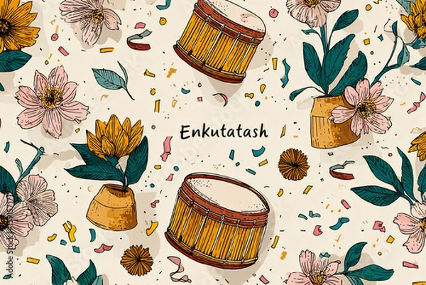 Obraz Festive Enkutatash pattern with traditional Ethiopian drums, yellow flowers, confetti, and festive decor
