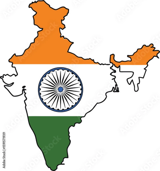 Fototapeta Outline map of India filled with the national flag colors orange white and green with Ashoka Chakra