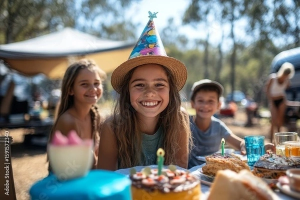 Fototapeta Multi-generational family celebrating a birthday outdoors at a campsite, during a caravan holiday trip, emphasizing the importance of family bonding and outdoor adventures, Generative AI