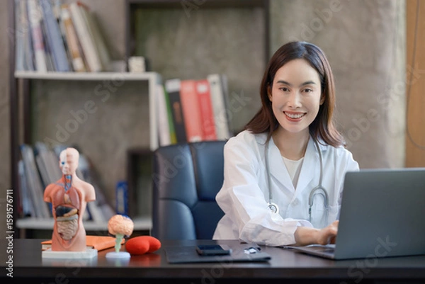 Fototapeta A professional female doctor in a white coat with a stethoscope, sitting and working with a laptop in an office.