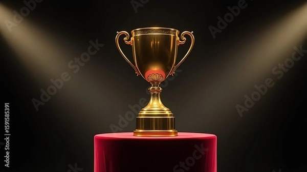Fototapeta A gleaming gold trophy displayed on a velvet pedestal, highlighted by dramatic studio lighting.
