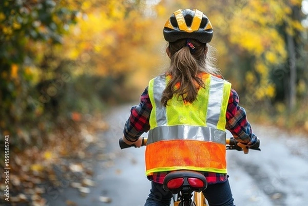 Fototapeta Rear view of a little girl in a reflective vest riding a bike on the road, emphasizing road safety education for young cyclists, Generative AI