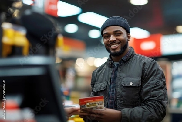 Fototapeta Employee receiving cash payment from a customer at a gas station, highlighting the importance of customer service and smooth transactions in retail environments, Generative AI