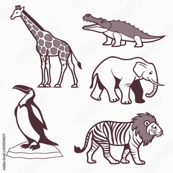 Fototapeta  animals like elephant, giraffe, crocodile, penguin, zebra, wildlife, safari, exotic, jungle, wild animal hand drawn vector outline icons. black and white