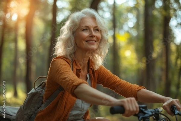 Fototapeta Happy senior woman sitting on a bicycle in the forest, applying sunscreen to her arms while enjoying an outdoor ride,  an active and healthy lifestyle, Generative AI
