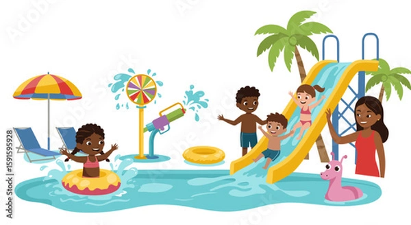 Fototapeta Fun day at the pool: kids playing in water park with slide and toys