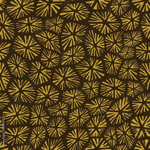 Fototapeta Yellow starburst pattern radiates across brown background with bold symmetrical geometric design
