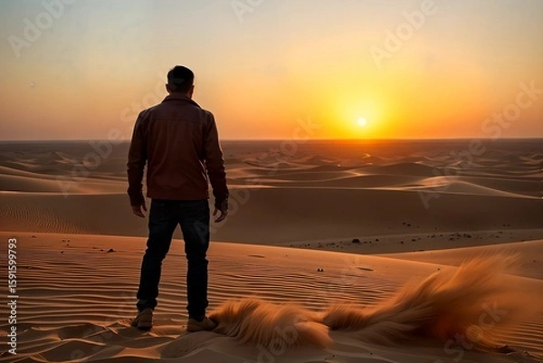 Fototapeta A man stands at the edge of a vast desert, his back turned toward the viewer. The sun sets dramatically on the horizon, casting long shadows across the golden sands. He wears a richly detailed leather