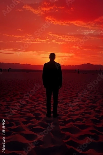 Fototapeta A photograph of a man turning his back, silhouetted against a vivid red and orange desert sunset. Textures of shifting sands create a bumpy foreground, while shadowy figures of distant mountains loom.