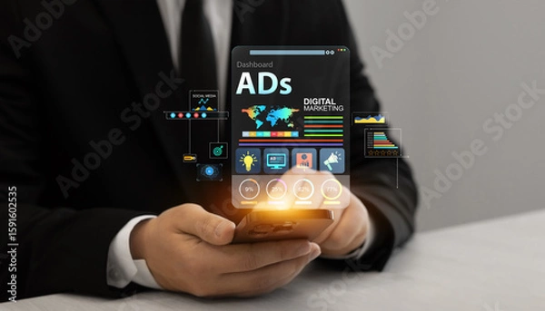 Fototapeta Digital Marketing development and goals strategy.Digital marketing for promotion of products with social media, email, website and channel search engine.Attract organic traffic for big sales.	