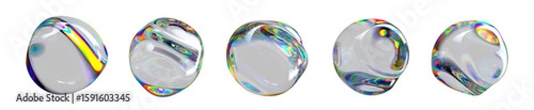 Fototapeta Surface of glossy transparent spheres with rainbow reflections and iridescent glow. Abstract 3D illustration of liquid shapes with smooth texture and modern vibrant design