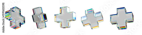 Fototapeta 3D transparent iridescent glass plus symbols with rainbow reflections. Abstract digital illustration of glossy geometric shapes with smooth surface and holographic light effects.