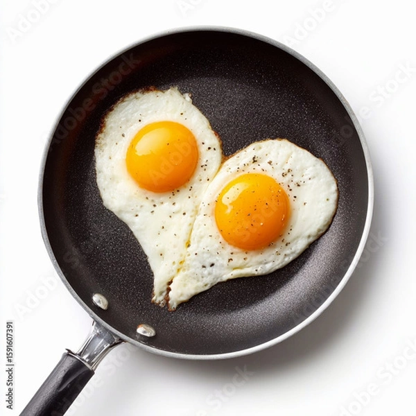 Fototapeta Heart shaped fried egg being fried in a frying pan isolated on a white background