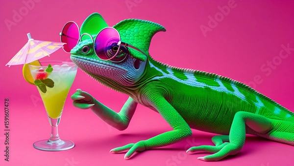 Fototapeta Fashionable Bright Green Chameleon Posing Confidently on a Vibrant Surface – Colorful Reptile with Unique Texture and Style