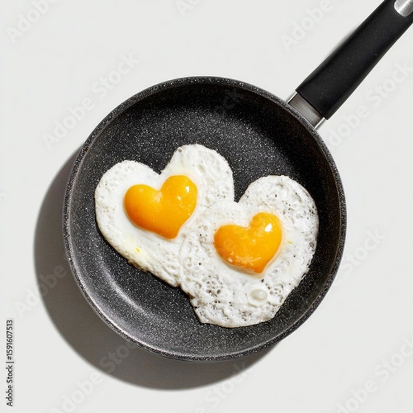 Fototapeta Heart shaped fried eggs in a frying pan isolated on a white background, breakfast for lovers