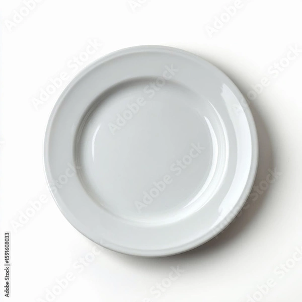 Fototapeta Plain clean round plate on a white background, top view, clean dishes