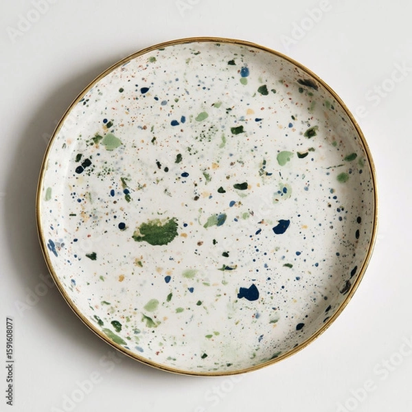 Fototapeta Beautiful round plate beautifully decorated with green small abstract pattern, top view