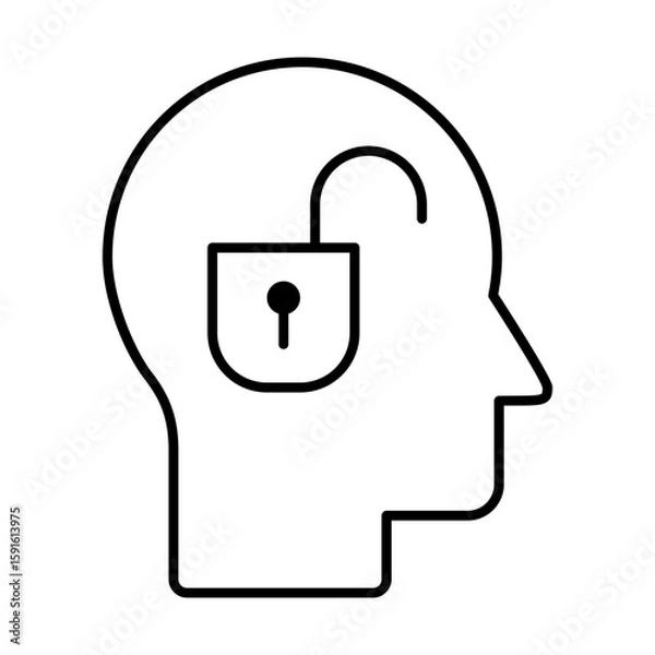 Fototapeta Head open padlock line icon. Open Minded concept. Unlocked thinking symbolizing open mindedness, education, therapy, mental freedom, learning, and personal growth. Key solution. Vector illustration. 