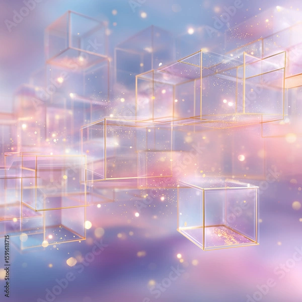 Fototapeta Abstract cubes float with gold accents on a gradient background. Use for marketing, design, web.