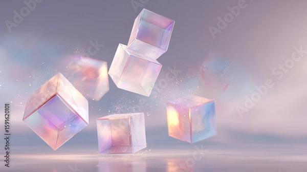 Fototapeta Cubes float in a surreal iridescent space. Holographic design element for technology, science, marketing, web, and design.
