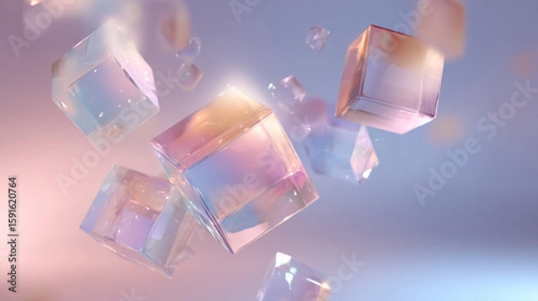 Fototapeta Floating Glass Cubes Shine on Gradient. Use for design, tech, science, marketing, backgrounds, and abstract presentations.