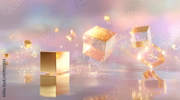 Fototapeta Golden Cubes Float on Water Surface. Abstract art. Use for marketing, web design, business concept.