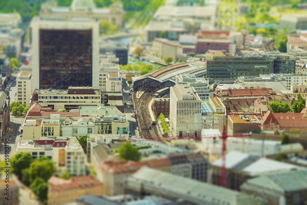 Fototapeta Aerial view of Berlin skyline with S-Bahn tracks rapid train and colorful buildings