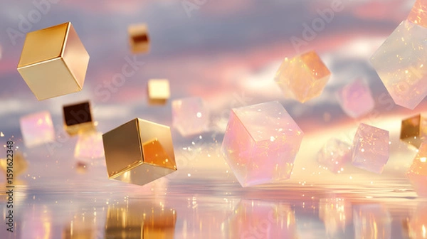 Fototapeta Cubes float over water reflecting in a surreal, dreamy landscape. Ideal for web, graphic design, marketing.