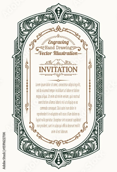 Fototapeta Highly detailed vintage engraving vector frame with intricate ornate and floral patterns. Perfect for certificates, invitations, or luxury branding.